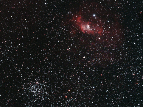 Blase — Der Blasennebel (NGC 7635) un der Sternhaufen M52 aufgenommen am 31.8.2024. Teleskop: TS EDT 115 f/7, Kamera: ASI 294 McPro mit UHC Filter, Belichtung: 25x180 Sekunden bei Gain 400