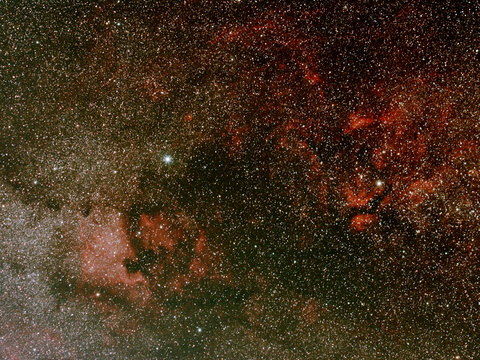 Schwan — Die Gegend um Deneb und Sadr mit dem Nordamerika-, dem Pelikan-, dem Schmetterlings- und dem Crescentnebel. Aufgenommen am 19.6.2017 von Niels mit der CAnon EOS 40Da, dem Canon 70-300 EF bei 70mm. Mit CLS Filter wurde das Foto bei 800 ISO 32 x 4 Minuten belichtet (mehr ist zu Zeit wegen der Dauerdämmerung nicht drin)