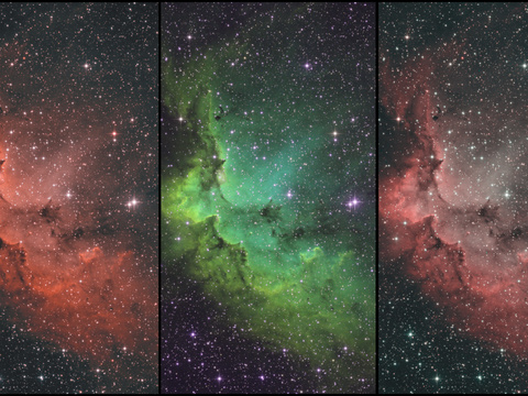 Zauber 4 — Dieses Bild zeigt 3 verschiedene Zuordnungen der Kanäle H-alpha, SII und OIII nach RGB. Mitte: klassische Hubble-Palette, außen: realitätsnähere Zuordnungen. Die Rekonstuktion der Echtfarben ist aus den Aufnahmedaten nicht möglich.Autor: RobertLizenz: CC BY-NC-ND 4.0