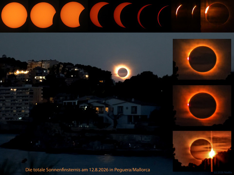 Sonnenfinsternis Verlauf — Der Verlauf der totalen Sonnenfinsternis am 12.08.2026 aufgenommen in Peguera/Mallorca. Aufnahmeinstrumente waren ein TS Photoline 60/360 ED Refraktor mit einer Canon EOS 77D und Sonnenfilter für die partielle Phase und das Google Pixel 7 Pro für die totale Phase.Aufnahmedatum: 31.08.2026Autor: NielsLizenz: CC BY 4.0