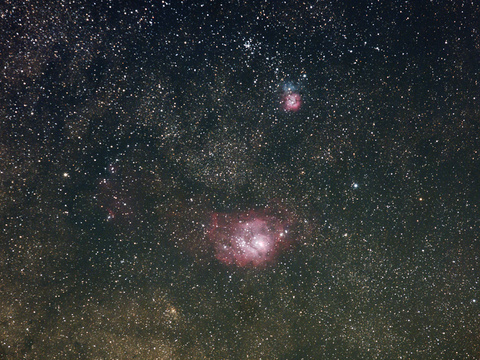 Lagune — Der Lagunen- und der Trifidnebel am 19.6.2019 von Niels. Aufgenommen mit der Canon EOS 40Da und EF 70-200 bei 200mm. 70 x 60 Sekunden bei 800 ISO belichtet.