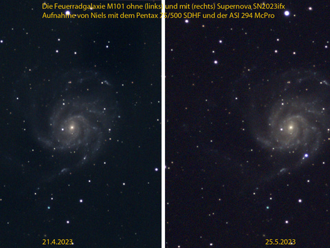 M101-SN — Die Feuerradgalaxie M101 mit der Supernova SN2023ifx am 21.4.2023 (ohne SN) und am 25.5.2023 (mit SN). Aufnahmen von Niels